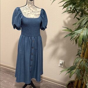 SHEIN Blue Smocked Bodice Puff Sleeve Midi Dress